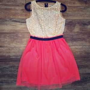 Sleeveless Cream Lace and Coral Tulle Dress